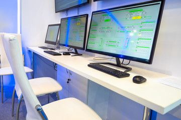 Production management center. Supervisory console. Screens in the dispatcher's office. Plant...