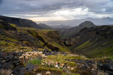Canyon and Mountain peak during dramatic and colorful sunset on the Fimmvorduhals Hiking trail near Thorsmork