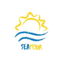 Abstract travel agency logo template. Sun with sea waves in sketchy hand drawn style. Sunrise vacation, holiday logotype.