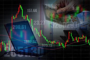 Investments in exchange-traded assets. Money, computer, and stock quotes. Buying blue chips. Tracking currency fluctuations. Work of a stock analyst. Profit or loss depending on the market situation.