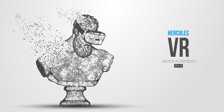 VR headset holographic low poly wireframe banner. Abstract silhouette of the polygonal statue of Hercules, man wearing virtual reality glasses. VR games. Particles, lines on white background, vector