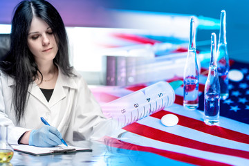 Pharmacist, medications, and the U.S. flag. American research in the field of pharmacology. Export...