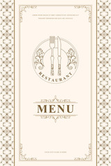 Luxury Restaurant Menu Logo Template. Cutlery Contour. Elegant Drawn Emblem. Floral Ornament. Creative Monogram with Inscription. Brochure cooking Design for Cafe, Restaurant, Bar. Vector illustration