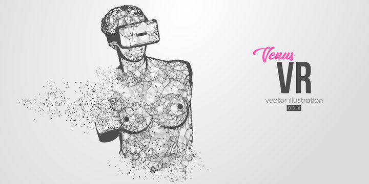 VR headset holographic low poly wireframe banner. Abstract silhouette of the polygonal statue of Venus, woman wearing virtual reality glasses. VR games. Particles, lines on white background, vector