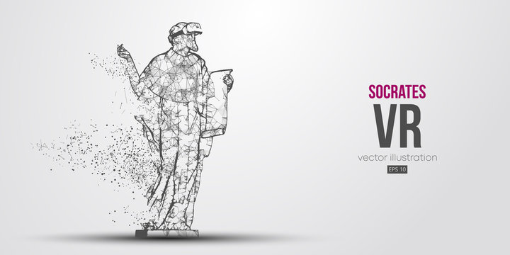 VR headset holographic low poly wireframe banner. Abstract silhouette of the polygonal statue of Socrates, man wearing virtual reality glasses. VR games. Particles, lines on white background, vector