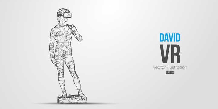 VR headset holographic low poly wireframe banner. Abstract silhouette of the polygonal statue of David, man wearing virtual reality glasses. VR games. Particles, lines on white background, vector