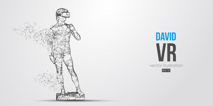 VR headset holographic low poly wireframe banner. Abstract silhouette of the polygonal statue of David, man wearing virtual reality glasses. VR games. Particles, lines on white background, vector