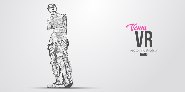 VR headset holographic low poly wireframe banner. Abstract silhouette of the polygonal statue of Venus, woman wearing virtual reality glasses. VR games. Particles, lines on white background, vector