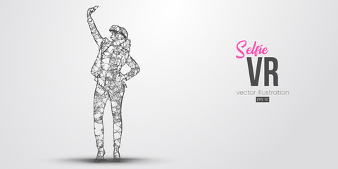 VR headset holographic low poly wireframe banner. Abstract silhouette of a woman, a girl in virtual reality glasses smiles and takes a selfie photo. VR games. Particles on white background, vector