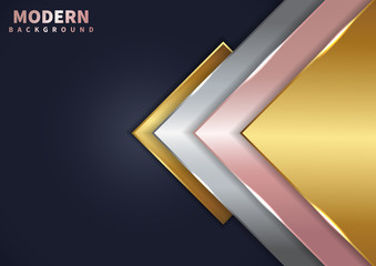 Abstract modern golden, pink gold, silver triangle overlapping layered on dark blue background with lighting effect. Luxury style.