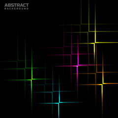 Abstract geometric overlap neon color with light on black background.