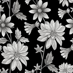 Beautiful seamless watercolor floral pattern on a black background. monochrome floral background