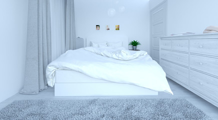 the interior of a small bedroom in the early morning with natural light in a minimalist style - top view