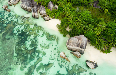 Beautiful tropical coast in Indian ocean, view from above. Famed for being one of the most photographed beaches on the planet Anse Source d'Argent. La Digue, Seychelles