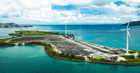 Fotobehang View from above to solar farm on Romainville Island at Seychelles © 22Imagesstudio