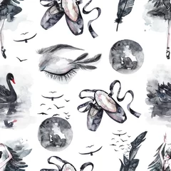 Fototapete Gotisch Nahtloses Muster mit Aquarellaugen und Schwänen, Federn und Vögeln, Spitzenschuhen und Mond. Aquarell mystischer gotischer Hintergrund