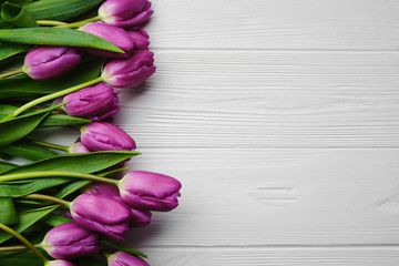 spring flowers purple tulips on white wooden table. white background