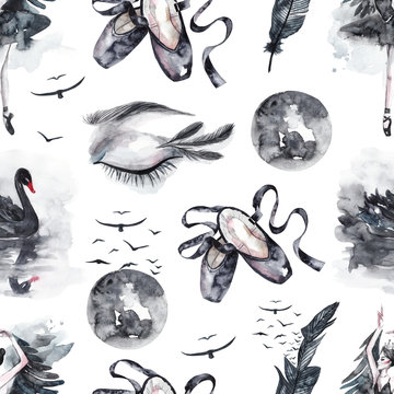 Seamless Pattern With Watercolor Eyes And Swans, Feathers And Birds, Pointe Shoes And Moon. Watercolor Mystical Gothic Background