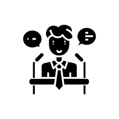 Conference speaker black icon, concept illustration, vector flat symbol, glyph sign.