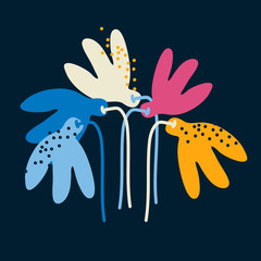 Floral print for clothing design, accessories, other design projects. Multicolored hand drawn Galanthus flowers isolated on black background