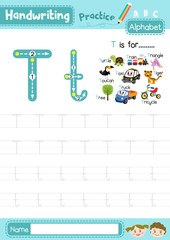 Letter T uppercase and lowercase tracing practice worksheet A4