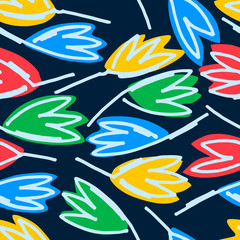 Seamless floral pattern. Colorful outlined flowers on black background for surface design and other design projects