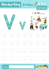 Letter V uppercase and lowercase tracing practice worksheet A4