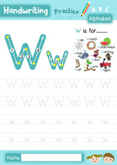 Letter W uppercase and lowercase tracing practice worksheet A4