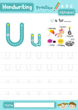 Letter U uppercase and lowercase tracing practice worksheet A4