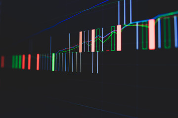 Stock market trading graph and candlestick chart on screen for businese financial investment concept. Economy trends background. Abstract finance and invest background.
