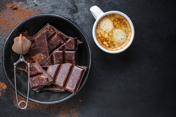 chocolate (delicious cocoa dessert, pieces sweets) menu concept. food background. top view. copy...
