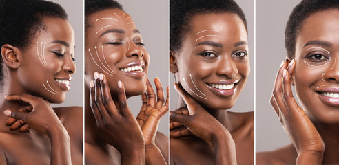 Beauty concept. Young African American woman with beautiful skin after face lifting or plastic...