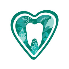 White healthy tooth, green leaves, herbs and heart. Flat style. Concept of oral hygiene and dental care. Vector illustration isolated on white background