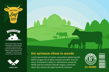 Vector farm fresh beef illustration. Rural landscape with cows, calves and farm. Butcher shop or cattle farming packaging and advertising design elements