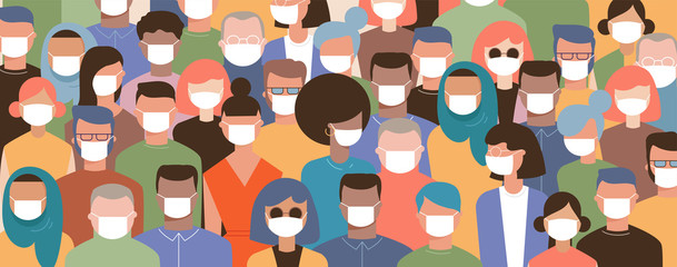 Crowd on the street wearing masks to prevent disease, coronavirus, flu, air pollution, contaminated air, world pollution. Vector illustration  - obrazy, fototapety, plakaty
