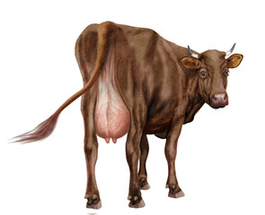 vache laitière, elle regard , brun, du dos, animal, ferme, joli, belle,  bétail, brun, gazon, mamelle, blanc, agriculture, champ, bétail, taureau, fond blanc, mammifère, mollet, vert, prairie, boeuf, 