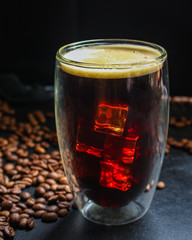 coffee drink and coffee grain (beverage, delicious hot drink). top view. copy space