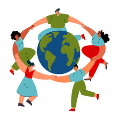 Group of different young women and man dancing around the Earth globe, holding hands.Happy Esrth day concept.Cartoon characters.Colorful vector illustration isolated on wite background.
