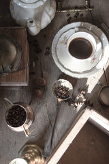 Vintage coffee time with chocolate milk and sugar 