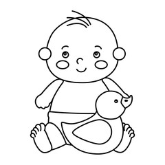 cute little baby boy with duck rubber vector illustration design
