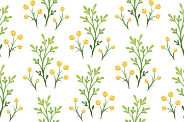 Spring flowers, leaves and berries seamless pattern in Easter yellow and green on white background