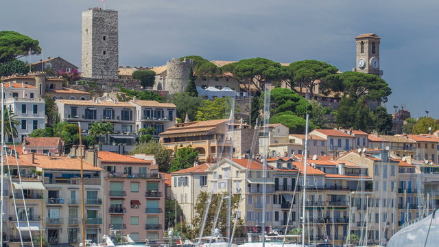View of medieval Castre Castle and harbor with yachts timelapse.