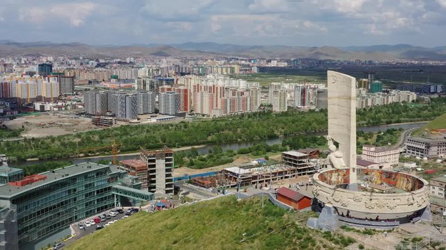 Aerial view of Ulaanbaatar city and Memorial on Zaisan Tolgoi, Mongolia, 4k