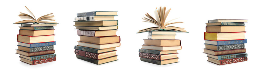 Collection of different retro books on white background. Banner design