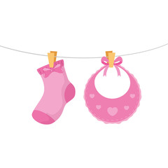 cute baby bib with sock hanging vector illustration design
