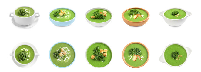 Set of tasty kale soup on white background