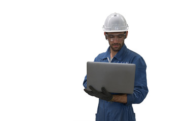 Technicians at the factory wear uniforms and helmet and safety glasses. They use laptops for work. Isolated white background.