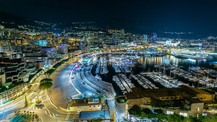 Panorama of Monte Carlo timelapse at night from the observation deck in the village of Monaco with Port Hercules.