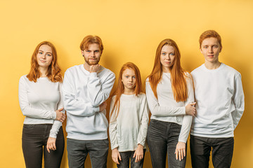 portrait of gorgeous caucasian red haired people together isolated over yellow background . brothers and sisters having red unusual hair posing and looking at camera. family, youth, people concept