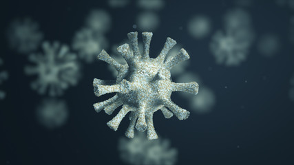 Group of virus cells. Coronavirus Covid-19 outbreak, microscopic viruses close up. 3d rendering